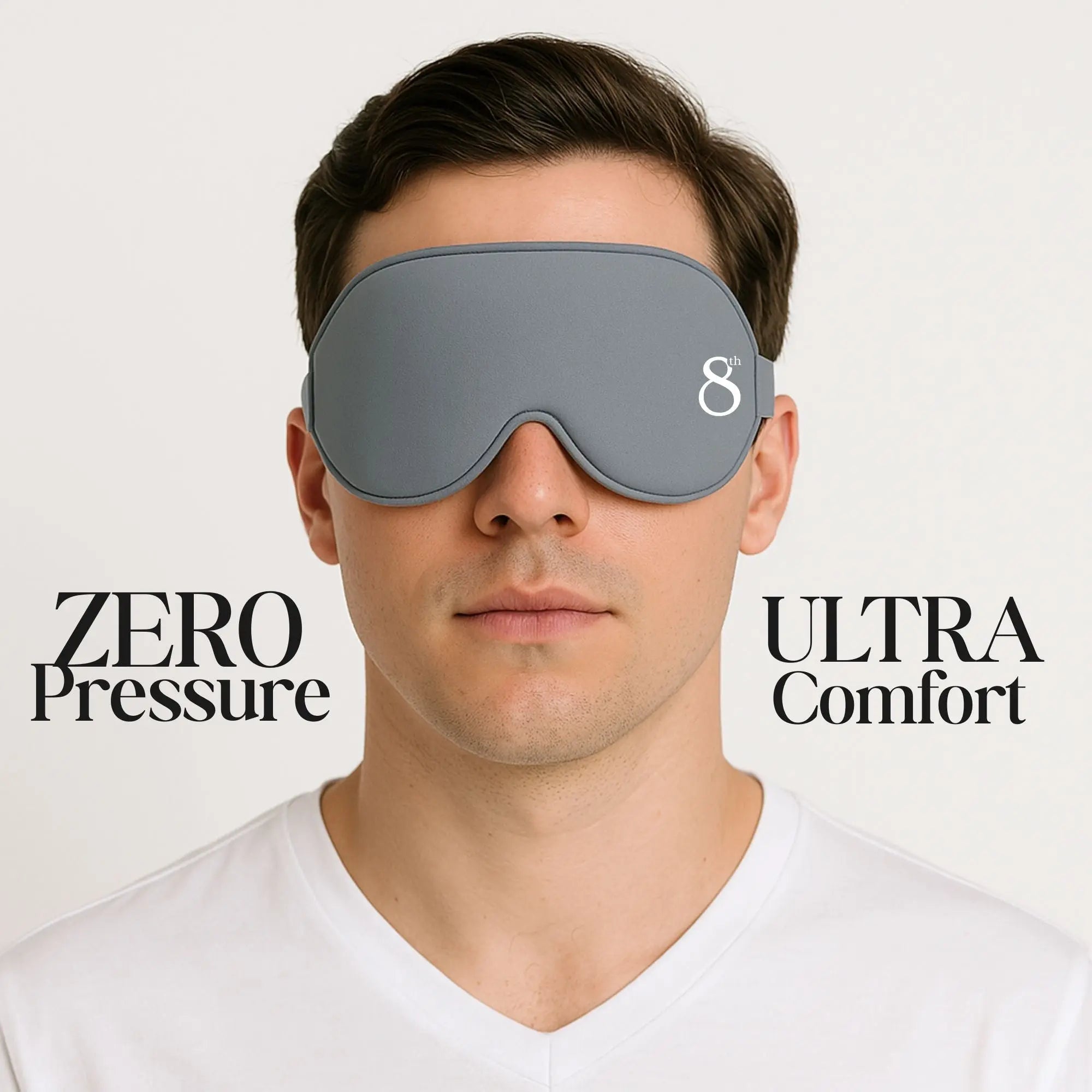 High quality sleeping mask by The 8th in gray worn by man with zero pressure and ultra comfort