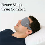 The 8th branded high quality sleeping mask in gray worn by man resting on white pillow